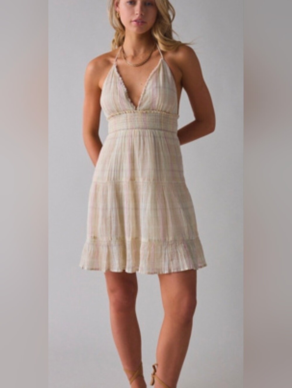 Kimchi Blue Pastel Striped Halter Tiered Mini Dress - Picture 3 of 5